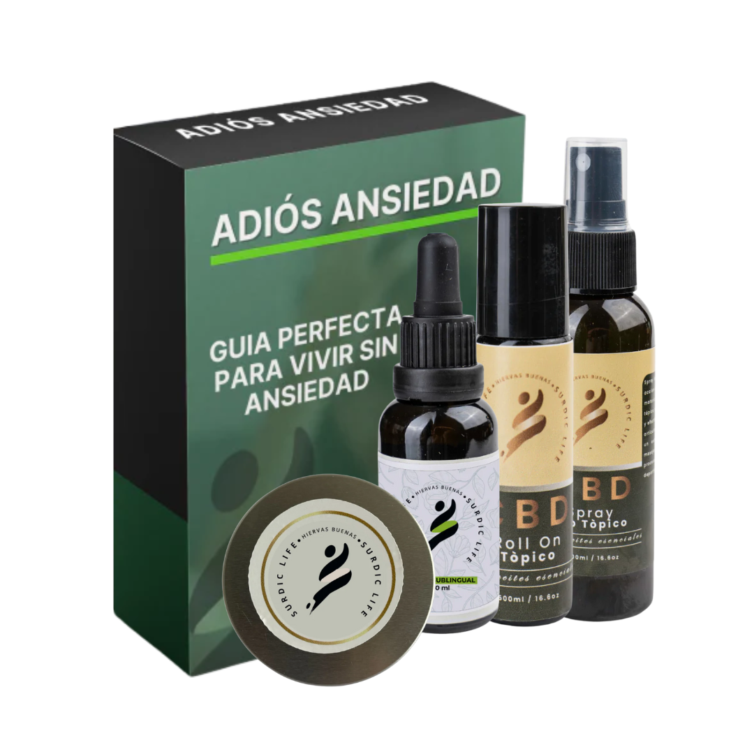 KIT ADIOS ANSIEDAD ACEITE SUBLINGUAL + 1 POMADA + SPRAY + 1 ROLL ON + GUIA ADIOS ANSIEDAD